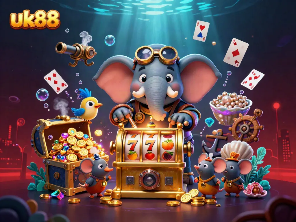 Engage in thrilling gameplay at uk88 with cartoon figures amidst slot machines and treasures.