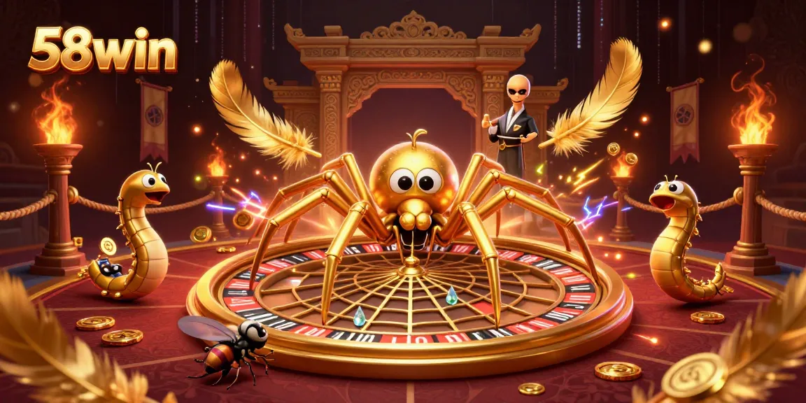 Exciting illustration of 58win with a golden spider and centipede croupier at a roulette wheel, showcasing dynamic gaming elements.