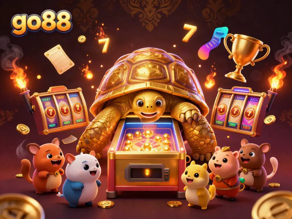 Engaging gaming action at go 88 with golden tortoise pinball, slot elements, and vibrant characters.
