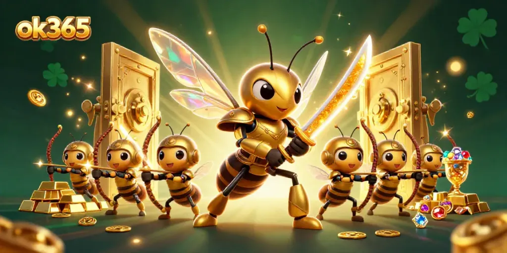 Engage with the vibrant gameplay at ok365, featuring a 3D golden hornet in action with a treasure vault background.