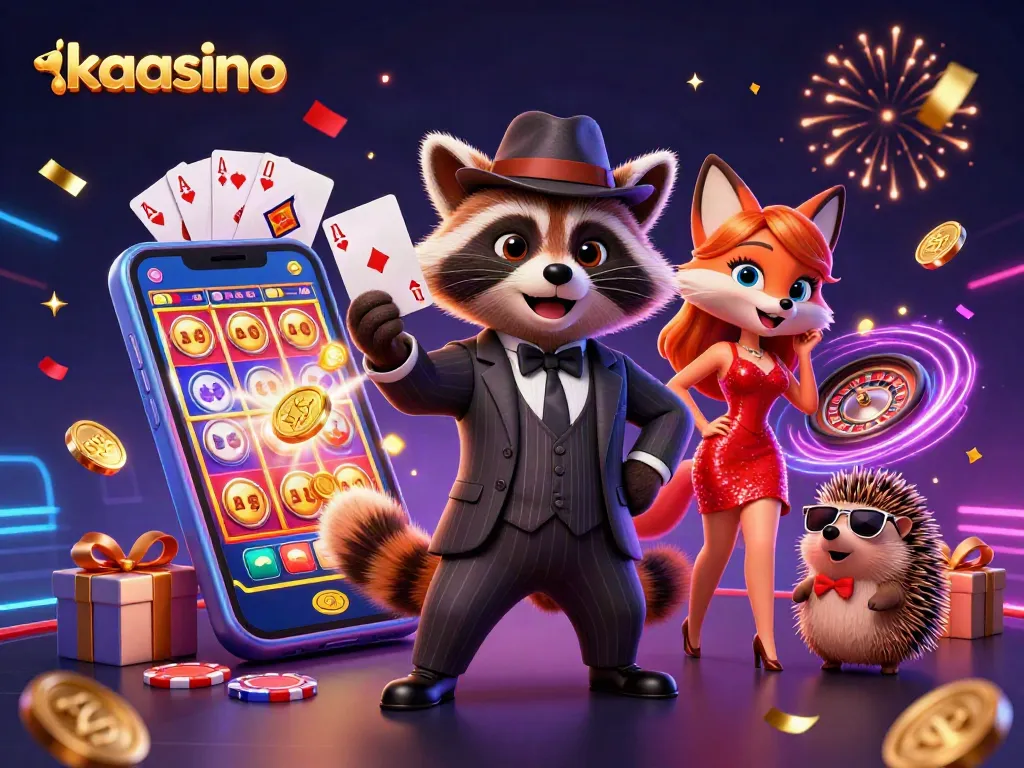 Kaasino characters enjoy a vibrant casino scene, showcasing card plays and slot action.