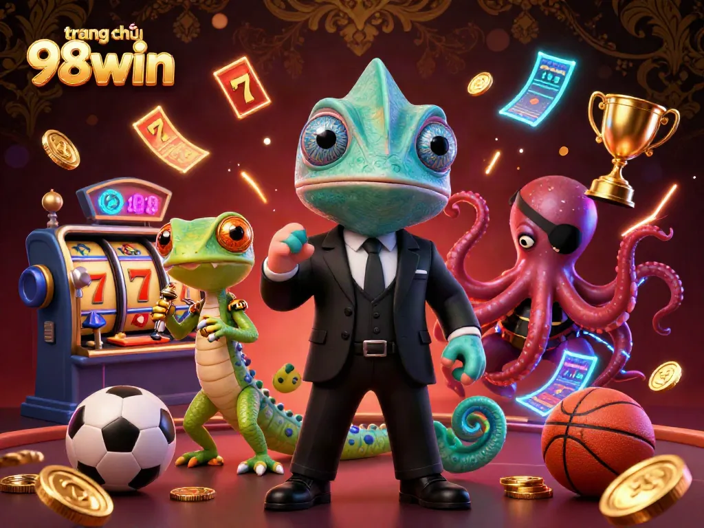 Engage in thrilling jackpots and bonuses at trang chủ 98win with vibrant casino elements and characters.