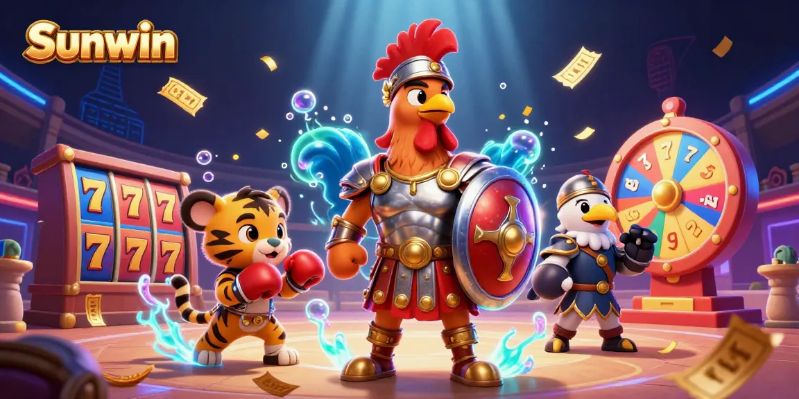 Win big with Sunwin at a fantastical casino with vibrant slots, winning tickets, and an energetic atmosphere.
