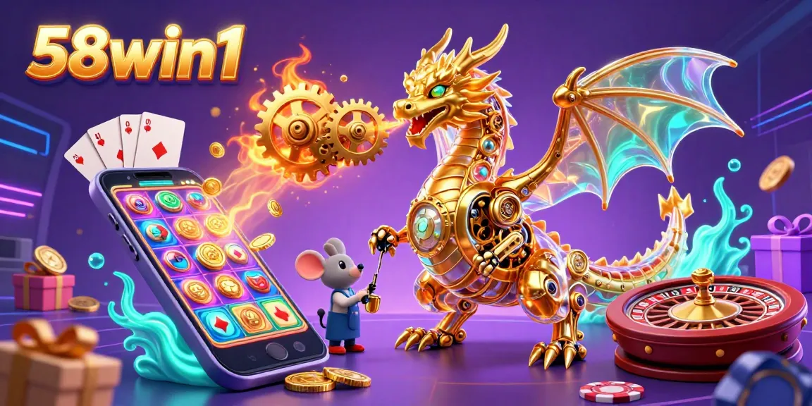 Engage with exciting casino thrills through 58win1's vibrant 3D scene filled with games and golden treasures.