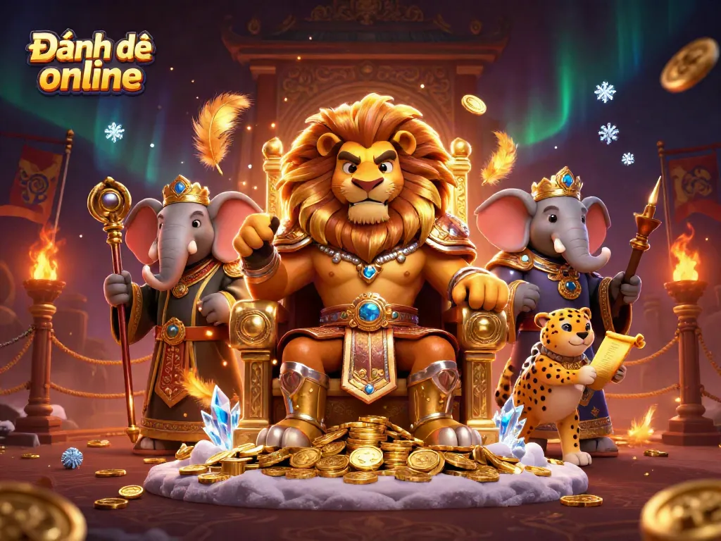 Play Đánh đề online in a vibrant scene featuring a lion king, elephant advisor, and cheetah messenger.