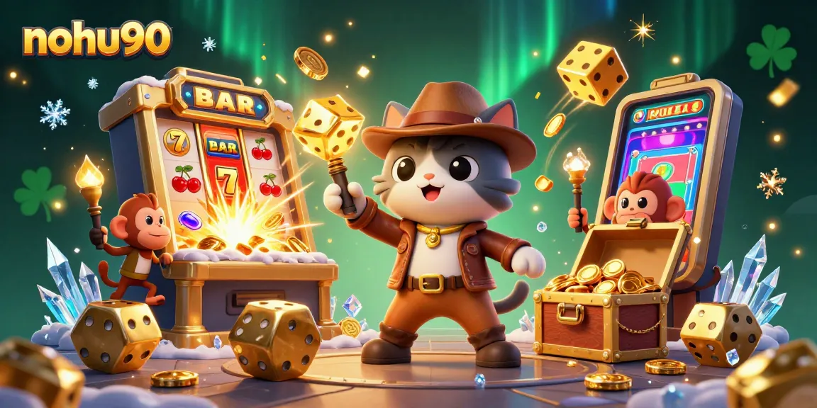 Experience jackpot excitement with nohu90 as a cat explorer discovers treasures in a vibrant temple