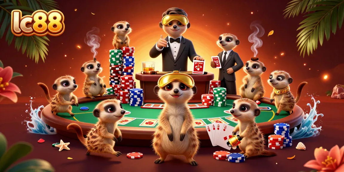 lc88 meerkats orchestrating a lively casino scene with vibrant poker elements and rich details