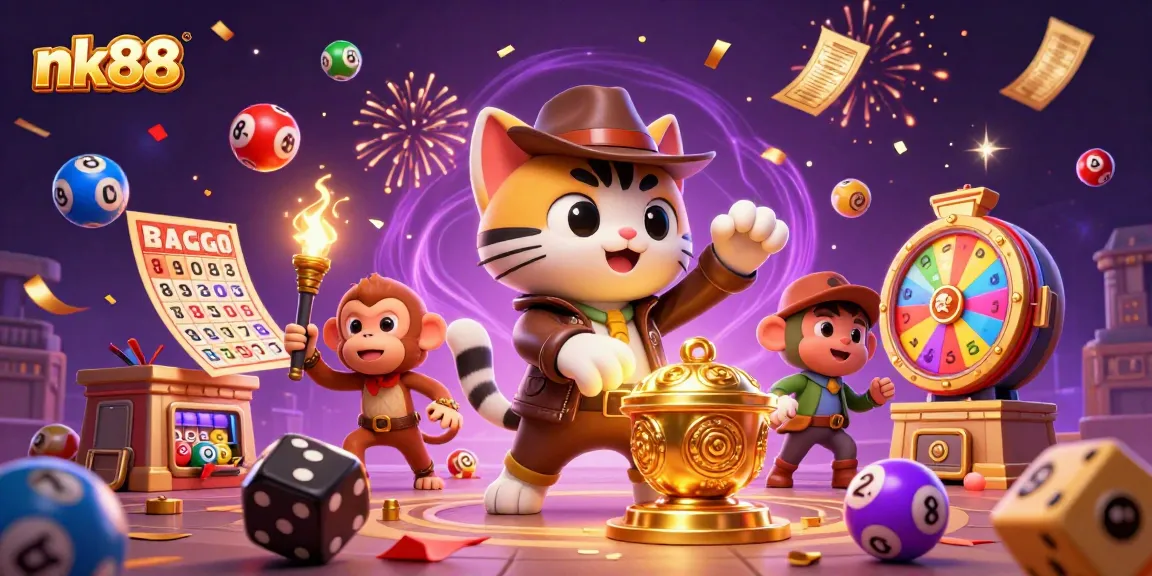 Win big with nk88: A cartoon cat and monkey discover casino treasures amidst dynamic gambling action.