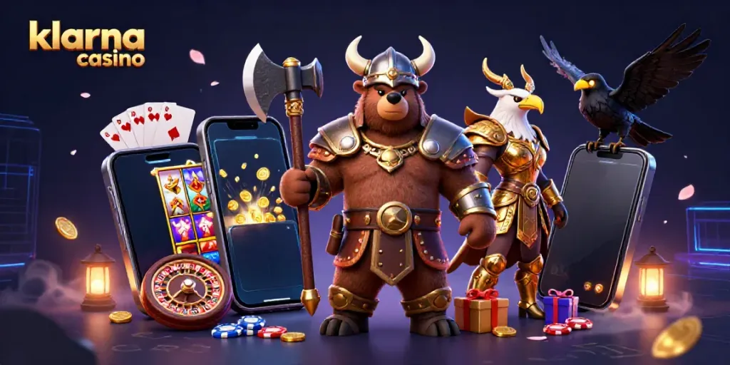 Klarna casino featuring a Viking bear and Valkyrie eagle, surrounded by gaming elements.