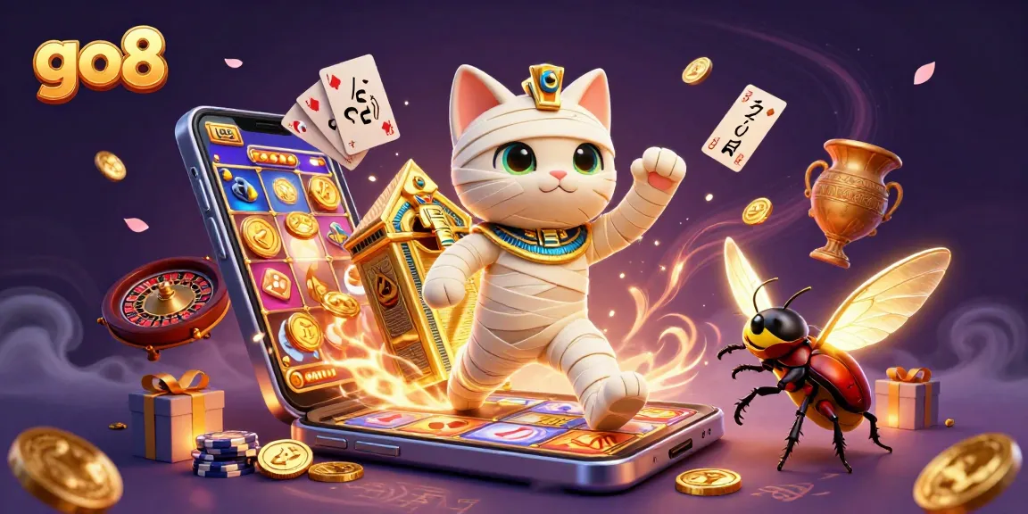 Experience go8's online casino magic with a 3D Egyptian mummy cat and endless gaming excitement.