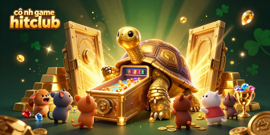 Engaging gaming scene at cổng game hitclub with a colossal tortoise pinball machine surrounded by treasures.