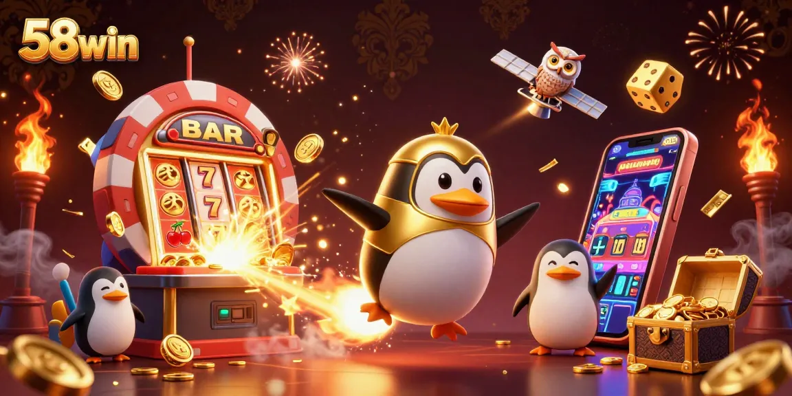 Experience excitement at 58win with a golden penguin racing toward a jackpot-filled casino.