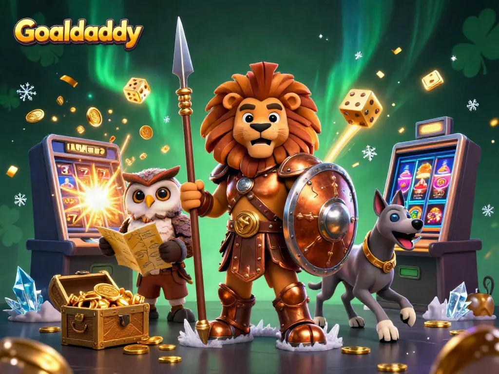 Experience the thrill of Goaldaddy with a cartoon Spartan lion, owl, and greyhound amidst a casino jackpot scene.