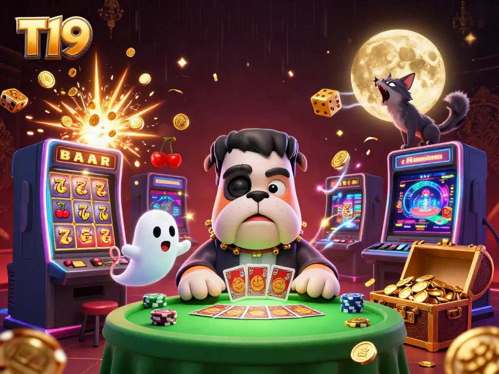Experience exciting games at T19 with a cartoon Frankenstein bulldog dealing cards and a ghost mouse floating through chips.