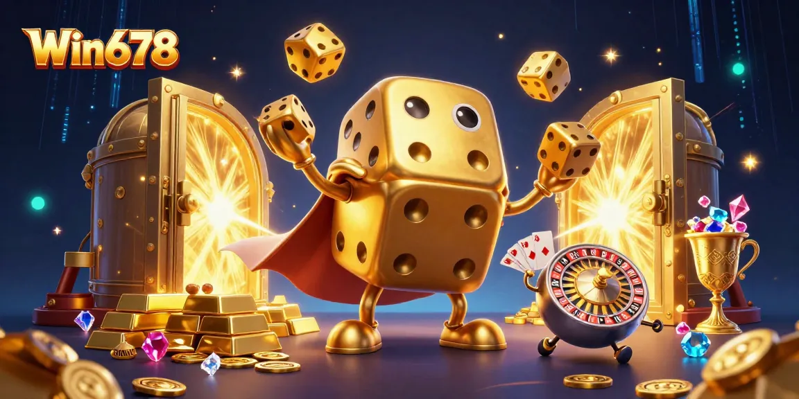 Win678's golden dice golem juggles gems and cash in a vibrant casino scene.