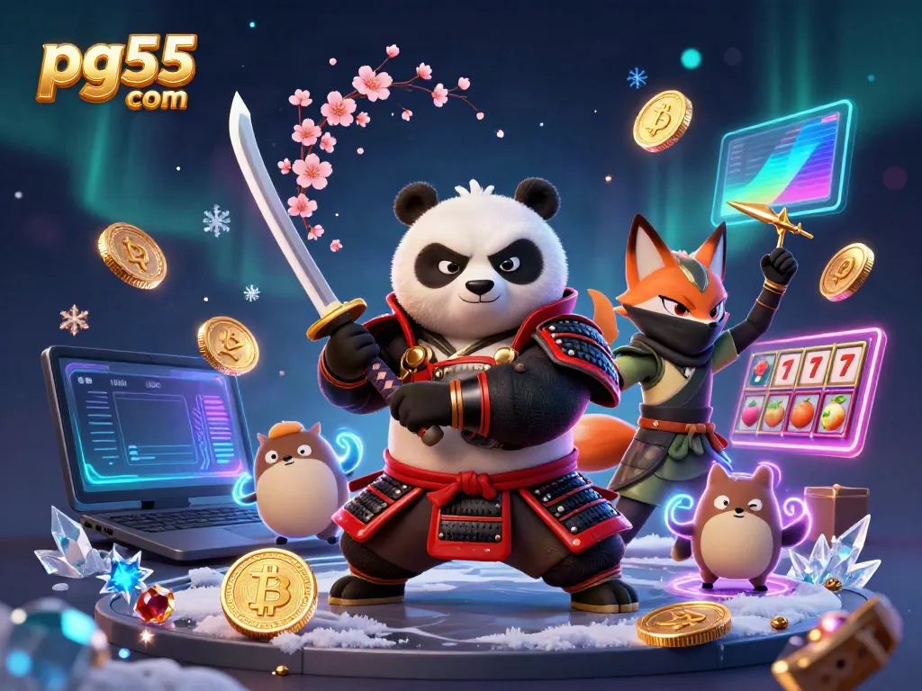 Engage with the vibrant world of pg55 com where a fierce panda warrior joins a ninja fox and spirit tanuki, surrounded by casino elements.