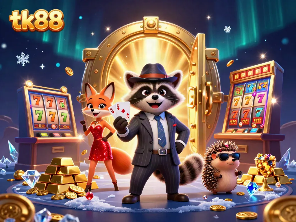 Experience the excitement at tk88 casino with a suave raccoon, elegant fox, and hedgehog bouncer surrounded by jackpots and treasures.