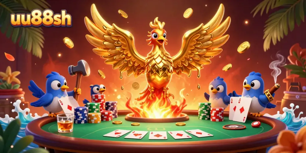 Experience the excitement of uu88sh with a molten metal phoenix amidst poker elements.