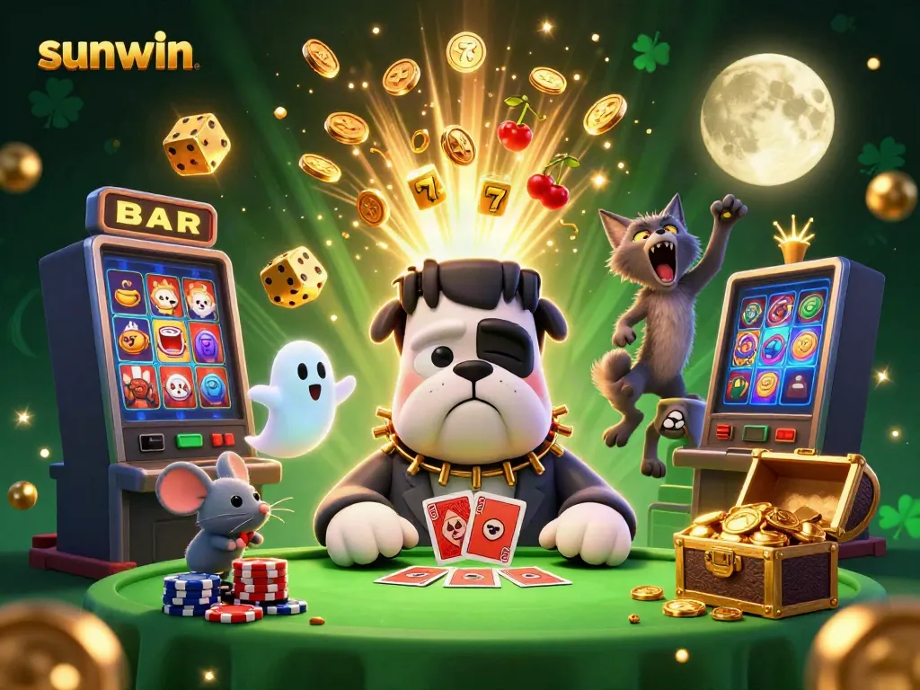 Experience thrilling casino action with Sunwin's dynamic 3D illustration showcasing lively characters and exciting game elements.
