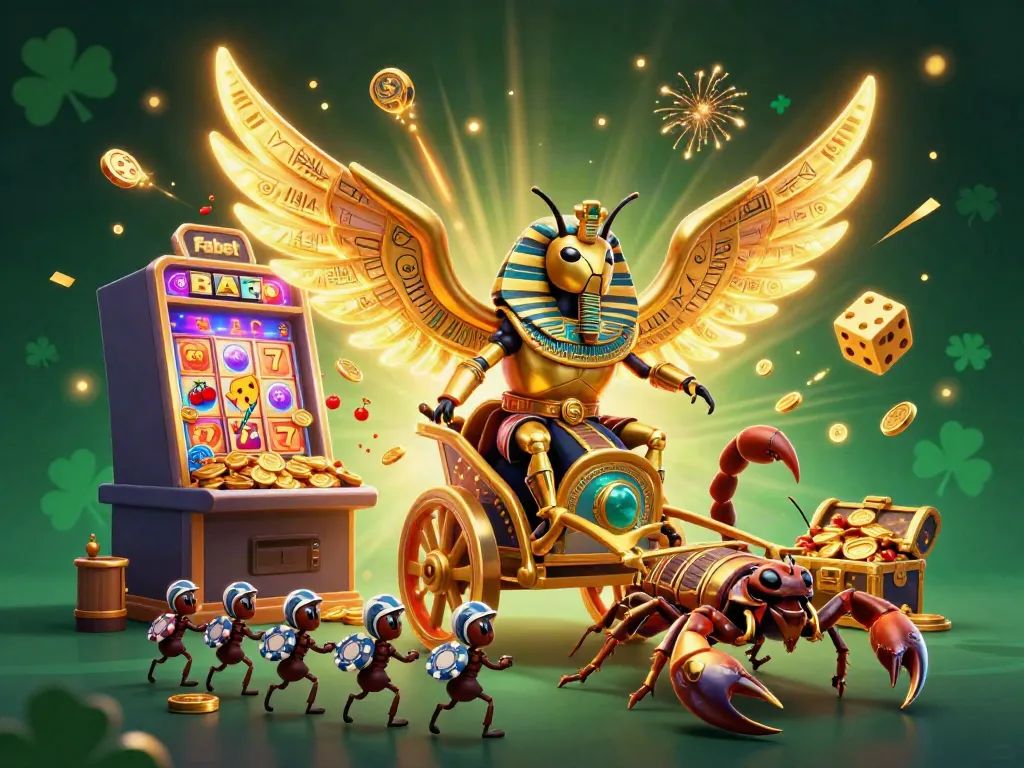 Experience thrilling gameplay with Fabet’s golden scarab beetle amidst a dynamic casino scene.