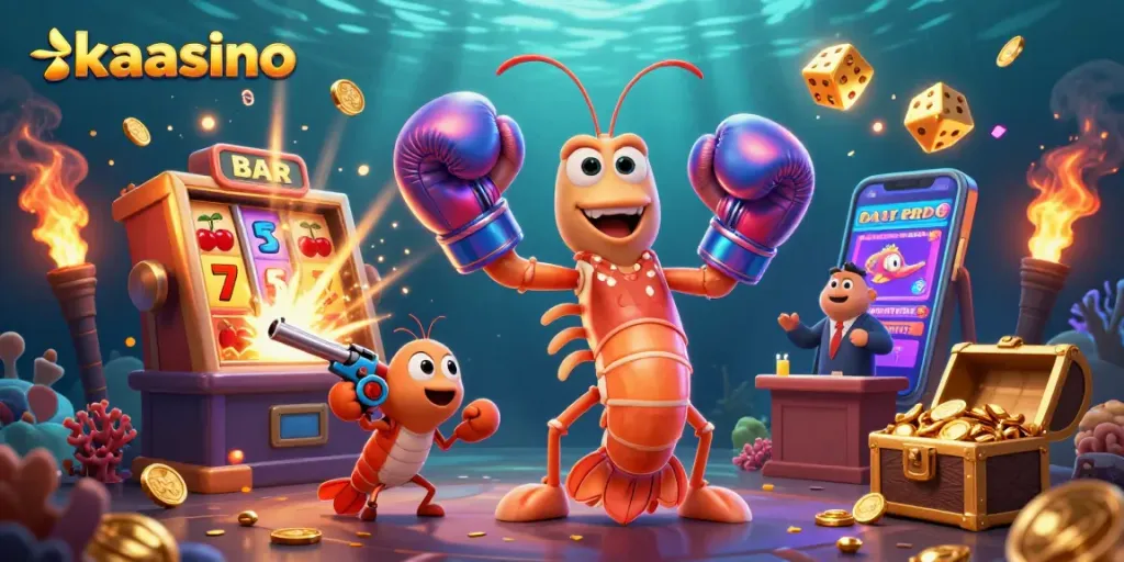 Play and win at kaasino with vibrant gaming elements like slots, gold coins, and lively characters!