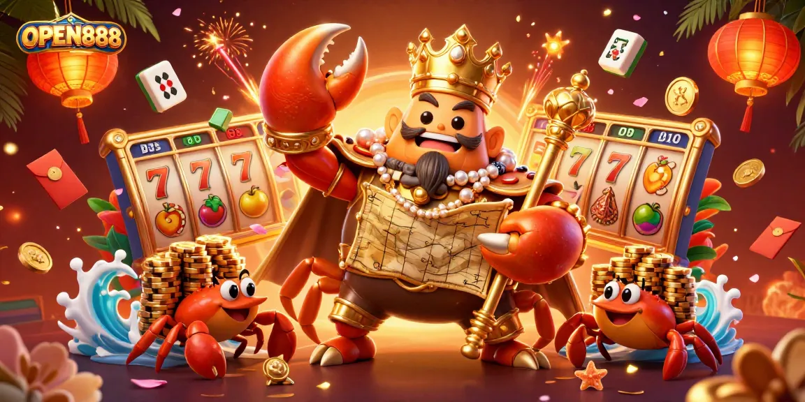 Immerse in the OPEN888 gaming world with vibrant slot reels and a golden crab emperor.
