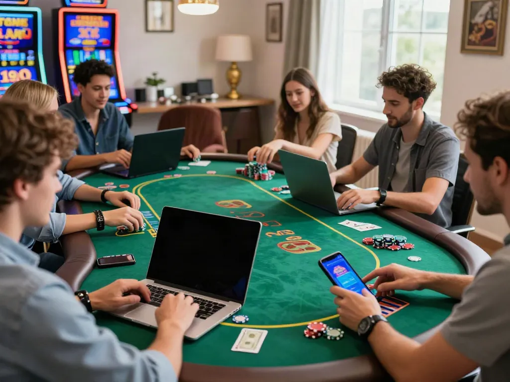 Engaging scene of players enjoying online games at https://fabet.com.mx/ in a vibrant home office environment.
