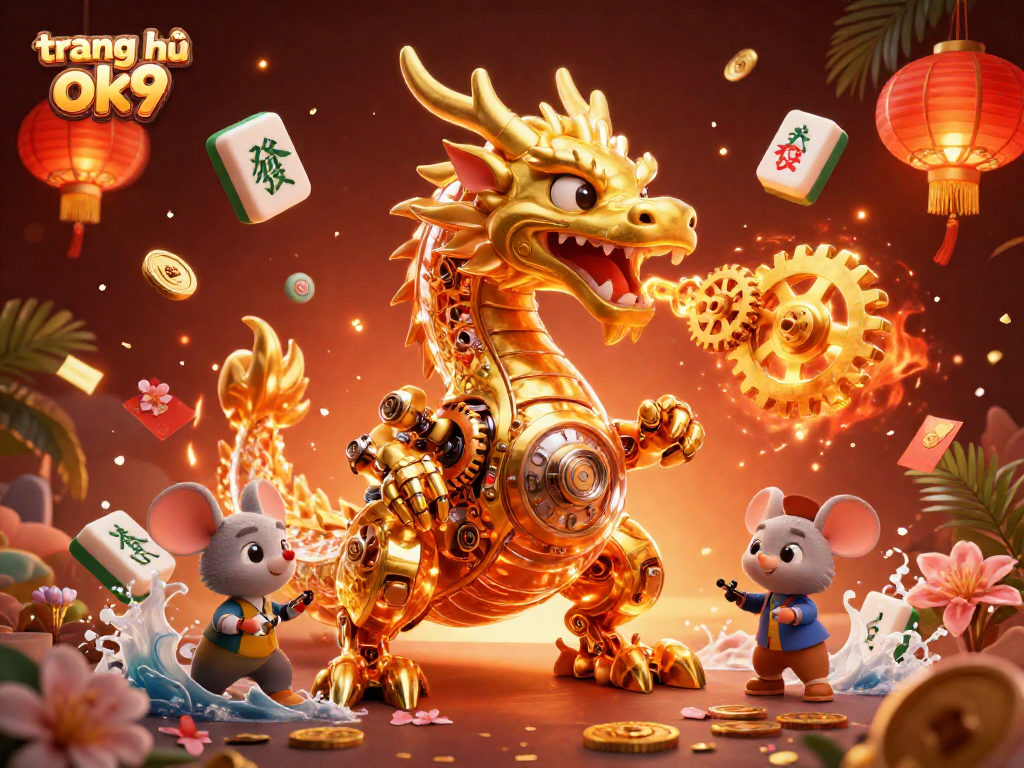 Experience thrilling gaming at trang chủ ok9 with a golden dragon and festive elements surrounding it.