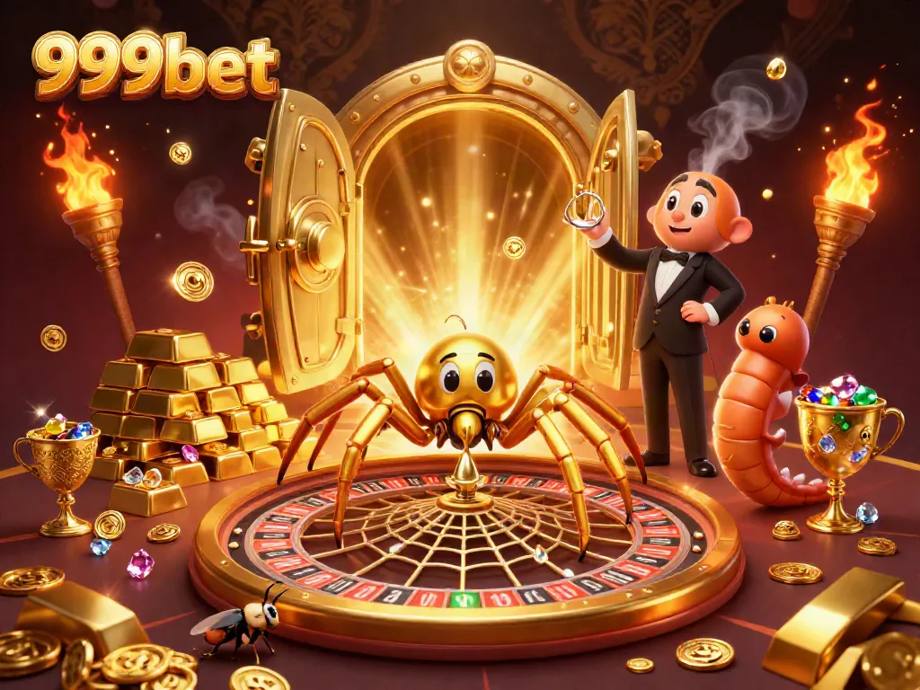 Experience thrilling bets at 999bet with a golden spider croupier and roulette wheel in a vibrant casino scene.