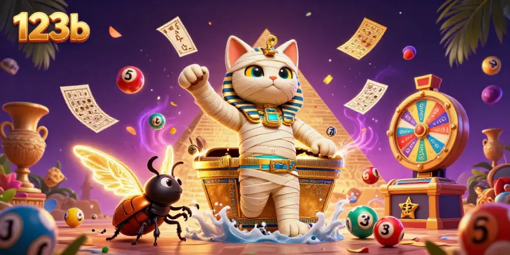Win big at the casino with 123b, featuring a vibrant illustration of a mummy cat, glowing scarab, and lottery elements.
