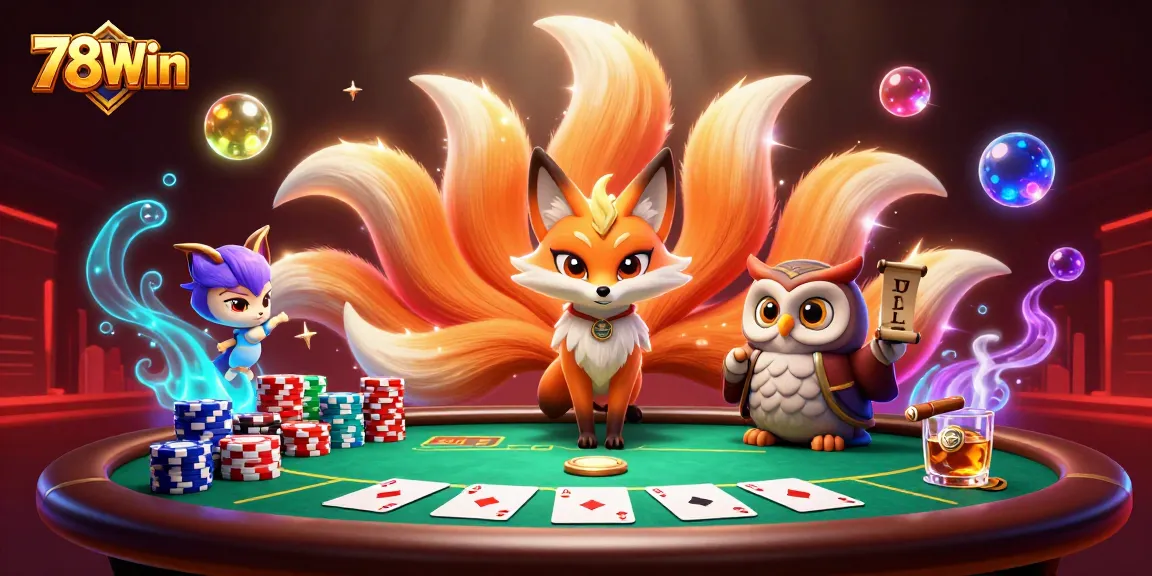 Engage with 78Win in a vivid casino scene featuring a nine-tailed fox, poker elements, and radiant colors.