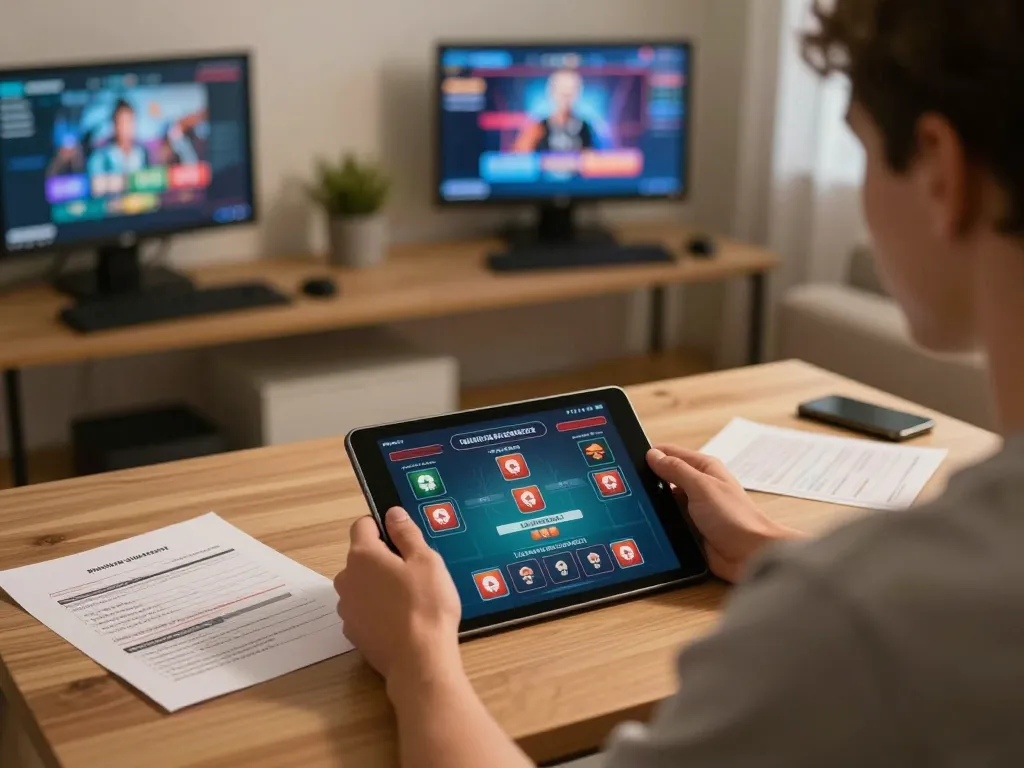 Experience Say88 uy tín through a player engaging in live dealer games on a tablet with strategic gambling notes.