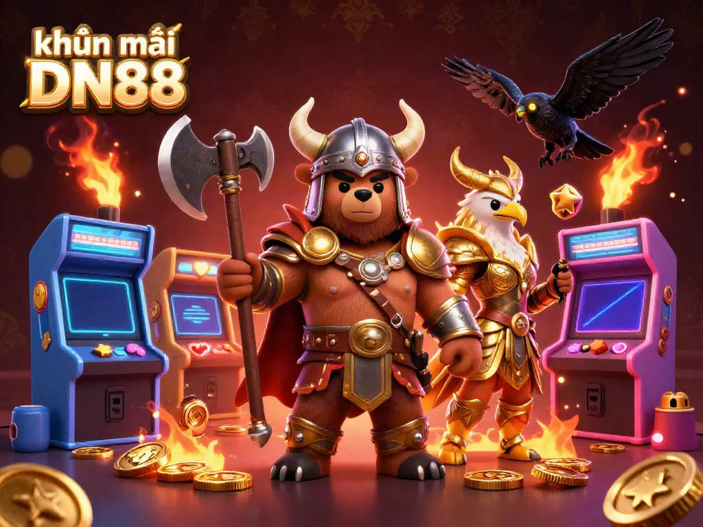 Experience thrilling khuyến mãi DN88 with a dynamic scene of Viking warriors in a vibrant casino.