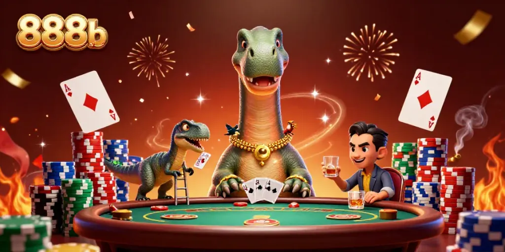 Engage with the 888b casino scene featuring vibrant characters and poker elements, fulfilling the gambler's experience.