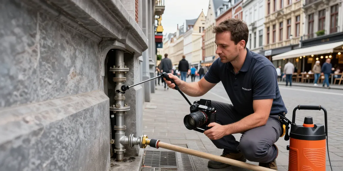 Professionele ontstopping Antwerpen met technicus die een verstopt riool inspecteert in de Antwerpse stad.