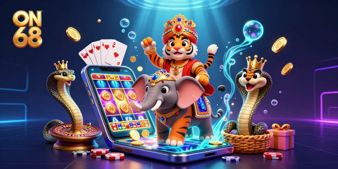 Experience ON 68's thrilling slots with a vibrant scene of casino excitement featuring a majestic tiger and an elephant.