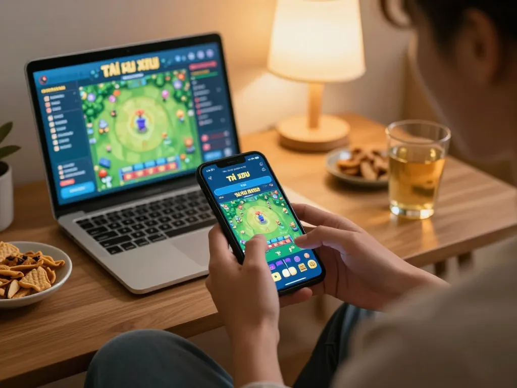 Player engaging with app tài xỉu online uy tín on smartphone, showcasing home gaming atmosphere.