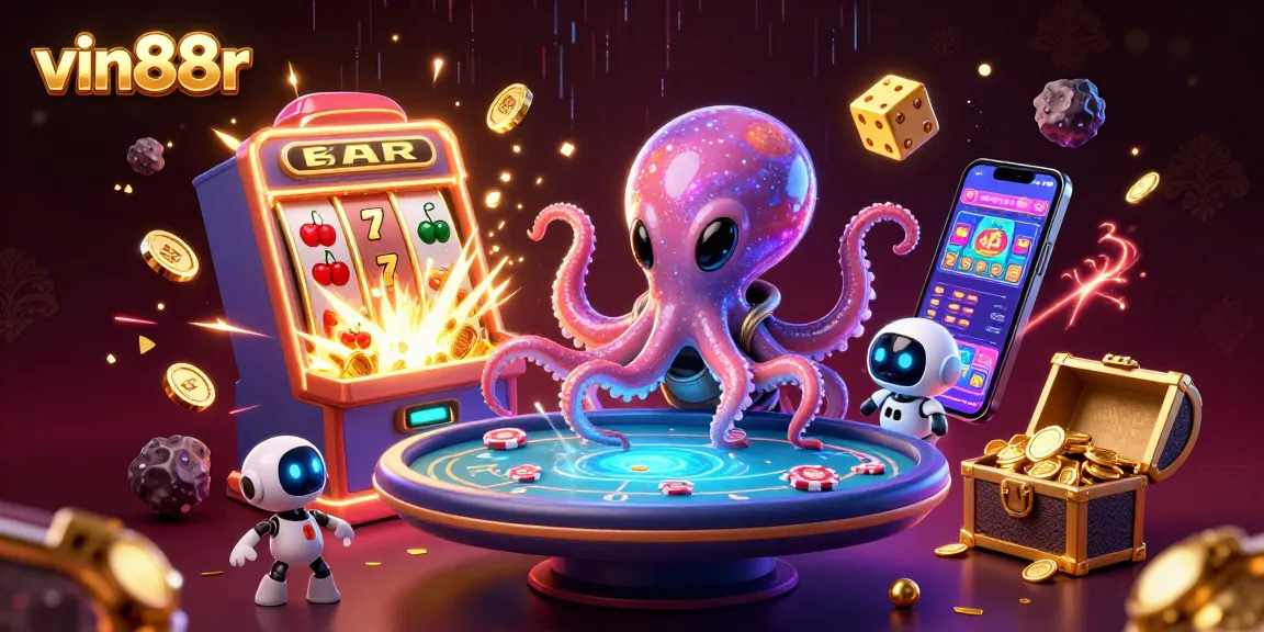 vin88r's thrilling virtual casino scene featuring an alien octopus playing poker amidst a jackpot explosion