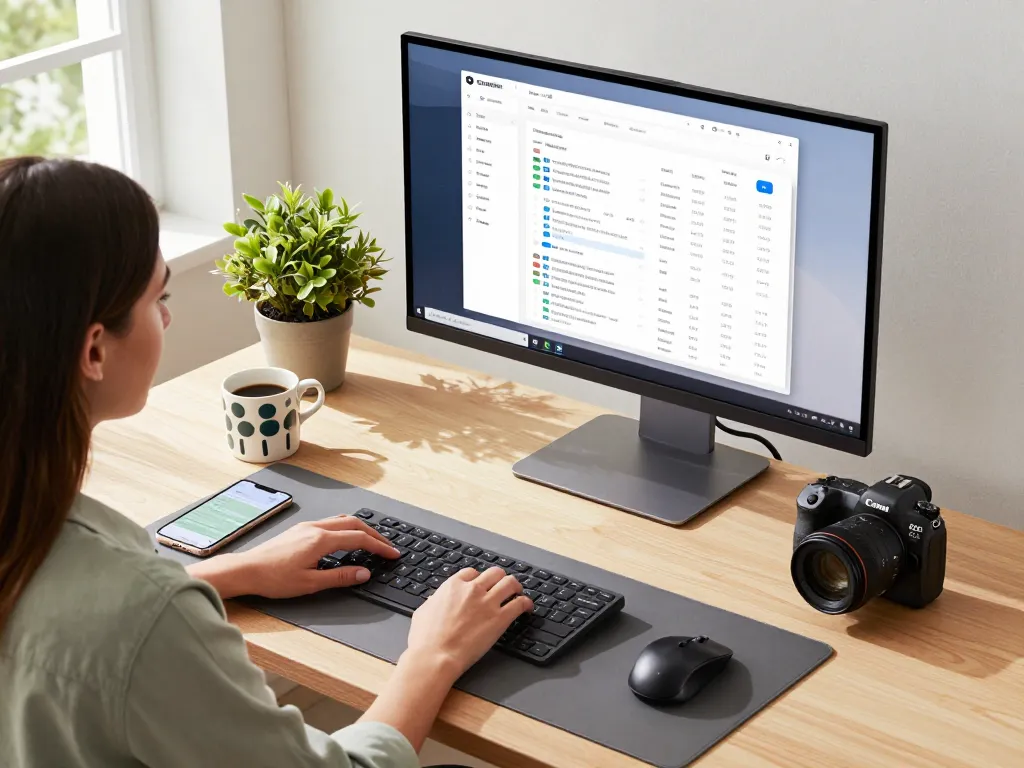 Professional workspace with tech gadgets for productivity, featuring a woman at a standing desk surrounded by modern accessories, plants, and natural light.