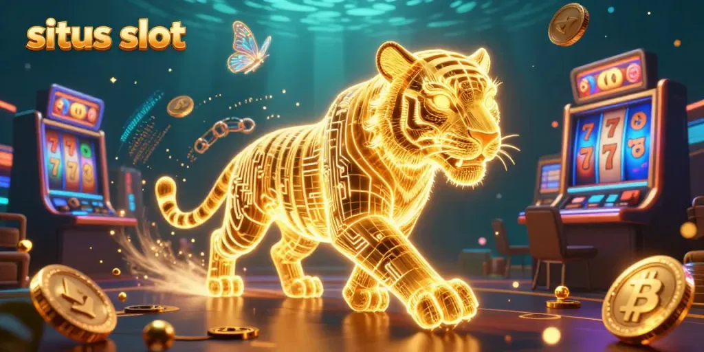 Experience excitement at situs slot with a golden tiger and dynamic game elements in a digital casino scene.