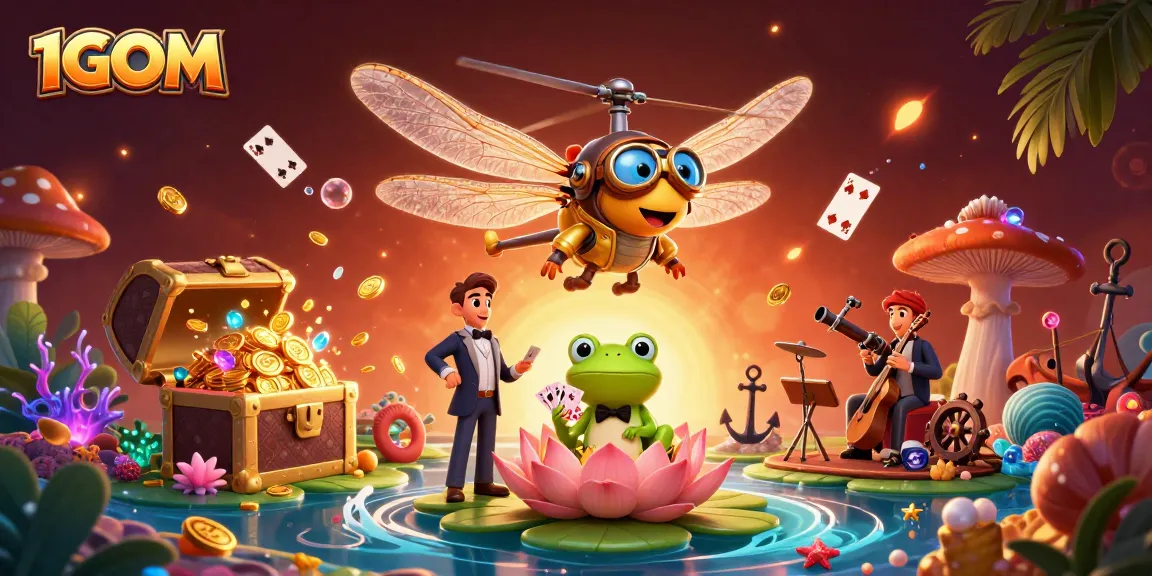 Engage with thrilling gameplay at 1GOM featuring a fun dragonfly pilot and frog dealer in an exciting casino scene.