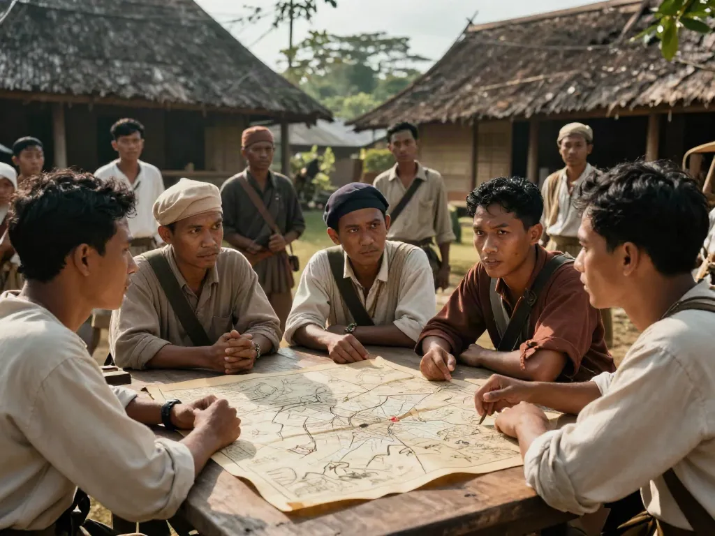 Indonesian resistance strategizing against Dutch colonial forces, showcasing determination and historical context.