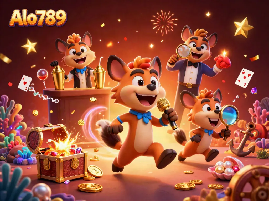 Alo789 hyenas deliver laughs in a vibrant casino ambiance, mixing drinks and ensuring fun.