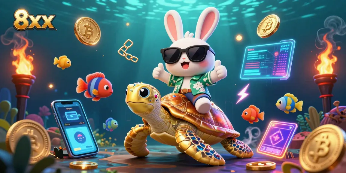 Engage with the vibrant 8xx casino scene showcasing a lucky rabbit and golden turtle surrounded by crypto elements.