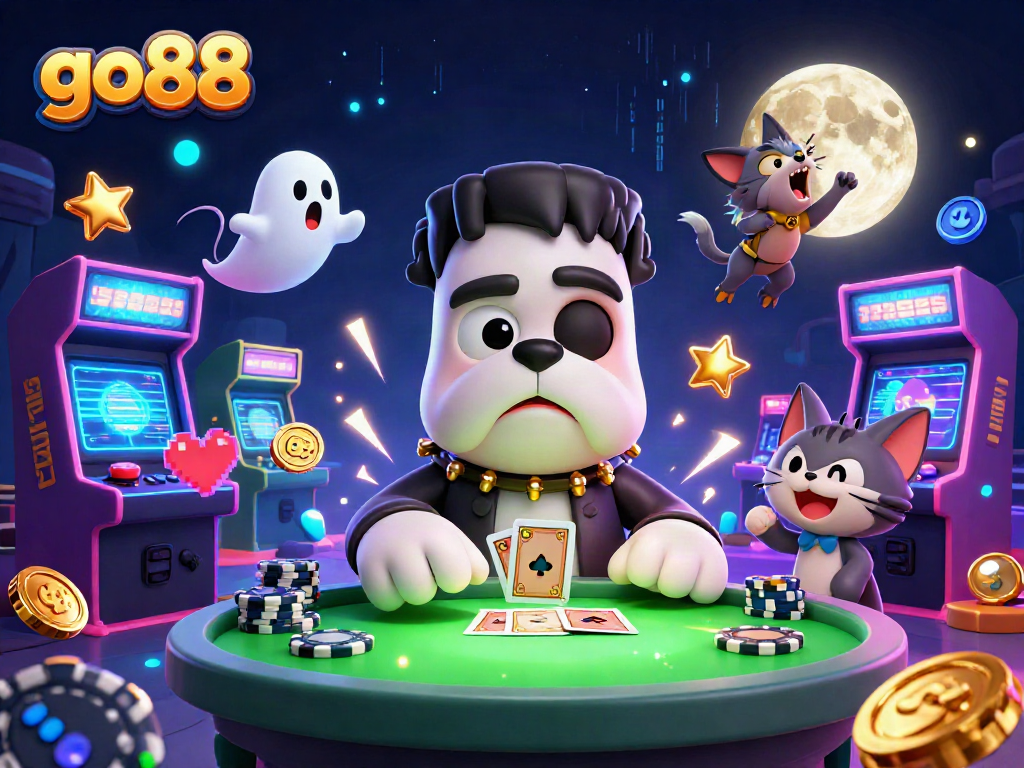 Experience thrilling card play in go88 with a spooky, vibrant casino scene featuring monsters and neon accents.