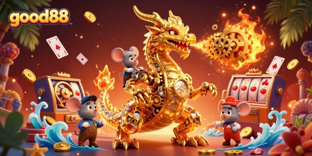 Spin and win with good88's vibrant casino scene featuring a golden dragon and lively slot elements.