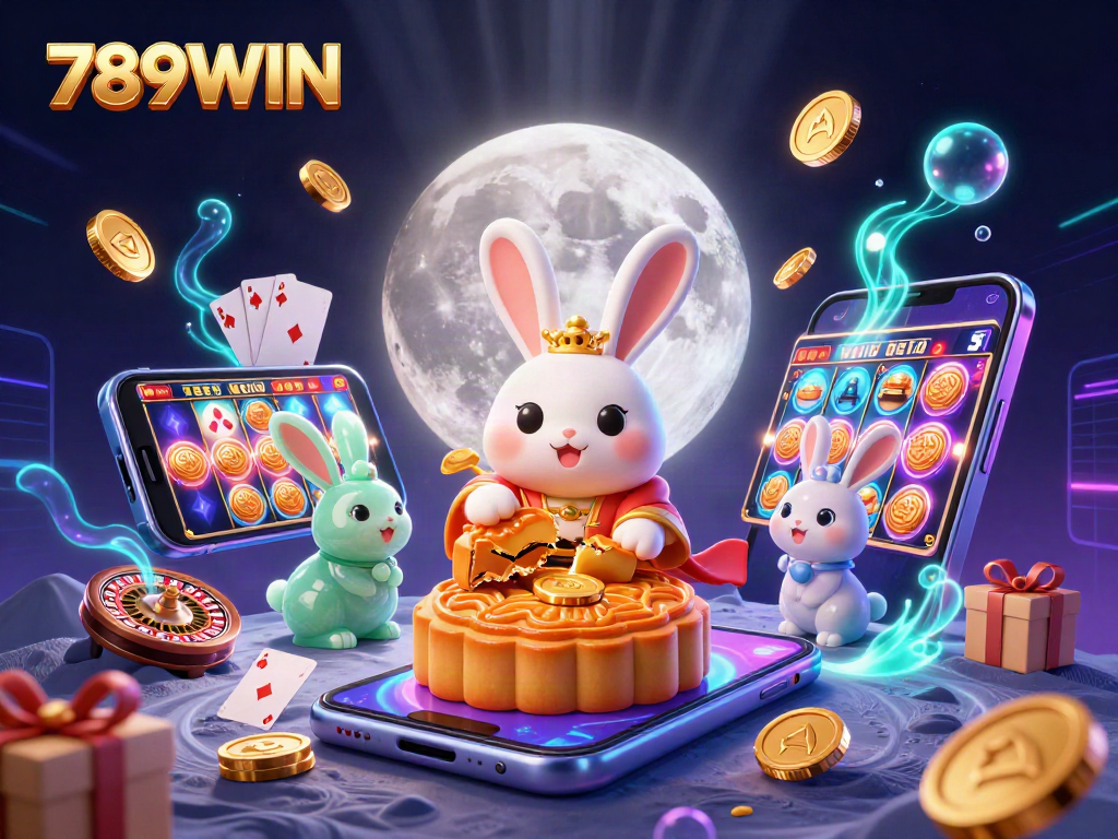 Experience the fun of 789WIN with dynamic casino visuals featuring moon rabbits and gaming elements.