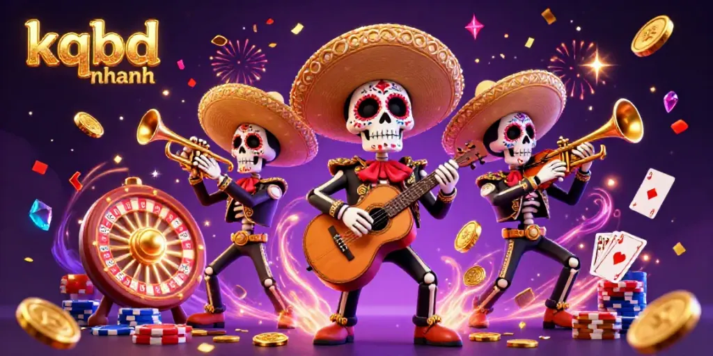 A vibrant 3D illustration featuring kqbd nhanh, a colorful skeleton mariachi band playing instruments amidst golden coins and poker chips.