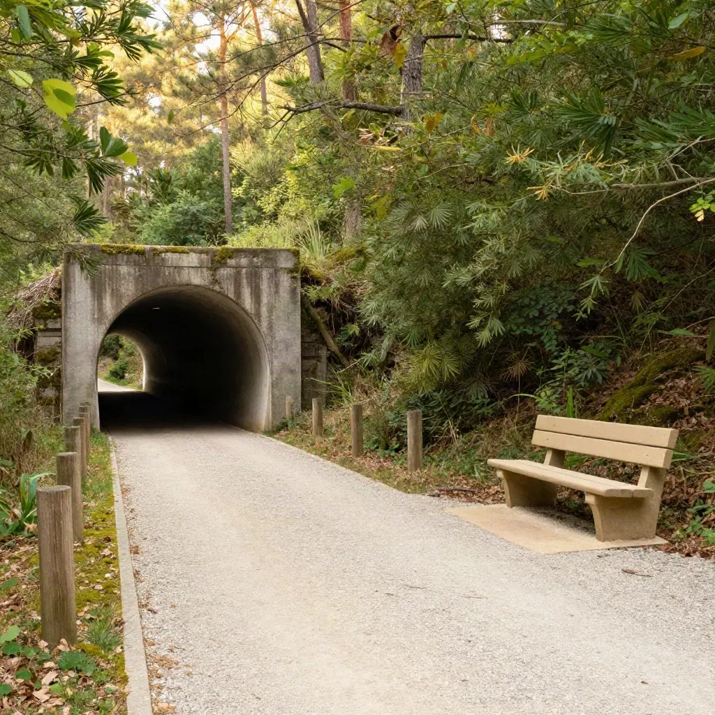 Wandelpad met tunnelopening, grindpad, bankje en groen in Tunnel Park