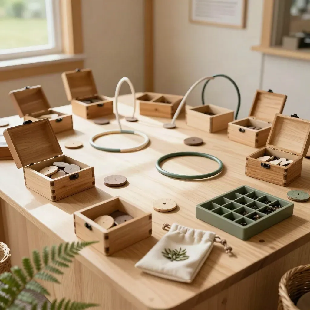 Speurtochtstation met houten kistjes, tokens en hoepels in warm daglicht.